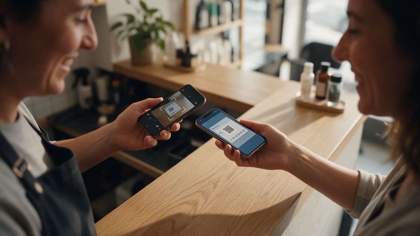 Una empleada escanea con su móvil la tarjeta digital que le muestra un cliente
