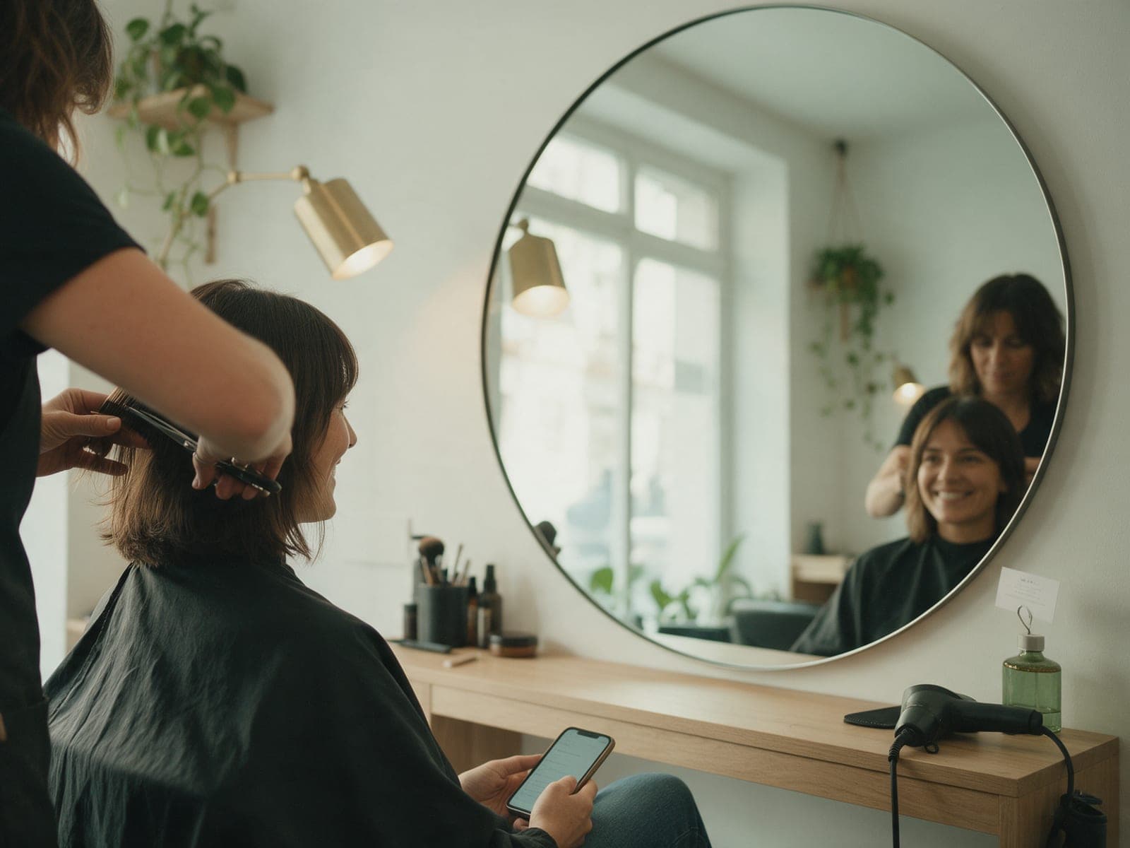 Una peluquera corta el pelo a una clienta que sonríe al espejo con el móvil en la mano