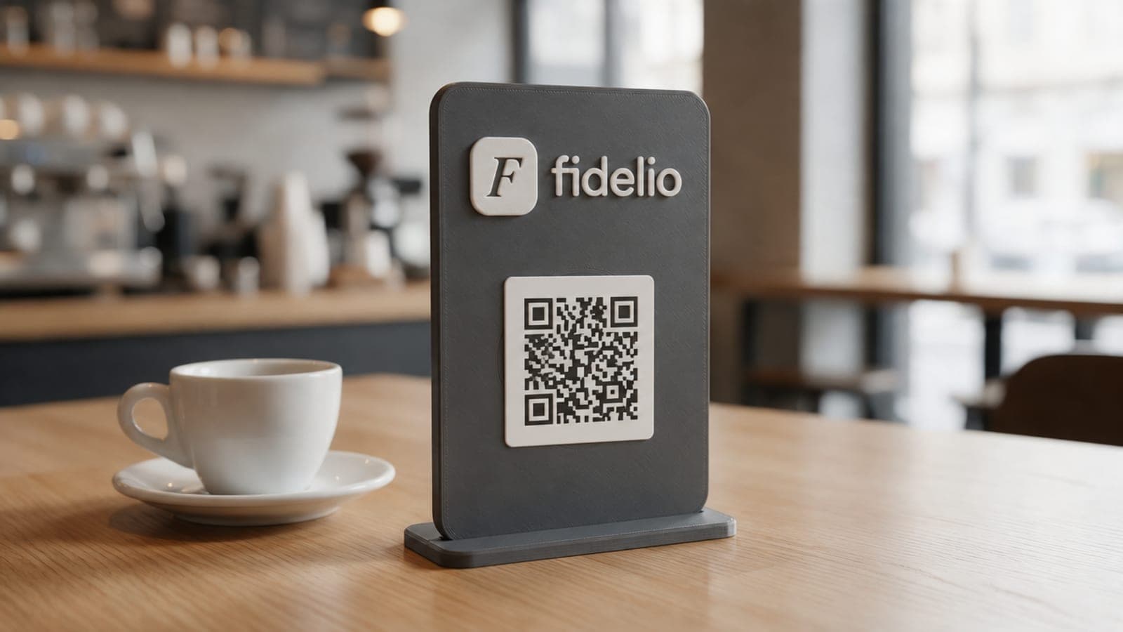 Soporte Fidelio sobre la mesa de una cafetería, con el QR y el NFC para que el cliente use su móvil